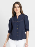 Women Band Collar Navy Blue Solid Three-Quarter Sleeves Casual Top
