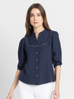 Women Band Collar Navy Blue Solid Three-Quarter Sleeves Casual Top