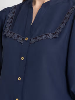 Women Band Collar Navy Blue Solid Three-Quarter Sleeves Casual Top