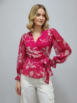 Floral Pink Chiffon V Neck Full Sleeve Waist Tie-Ups Wrap Top