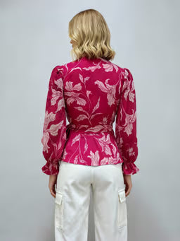 Floral Pink Chiffon V Neck Full Sleeve Waist Tie-Ups Wrap Top