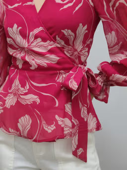 Floral Pink Chiffon V Neck Full Sleeve Waist Tie-Ups Wrap Top